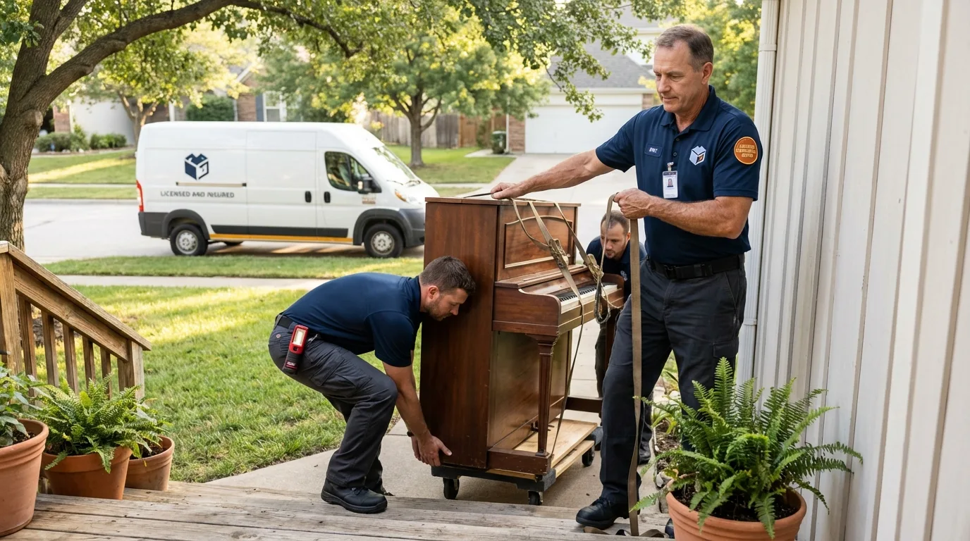 Licensed piano movers securing grand piano in Butler, PA