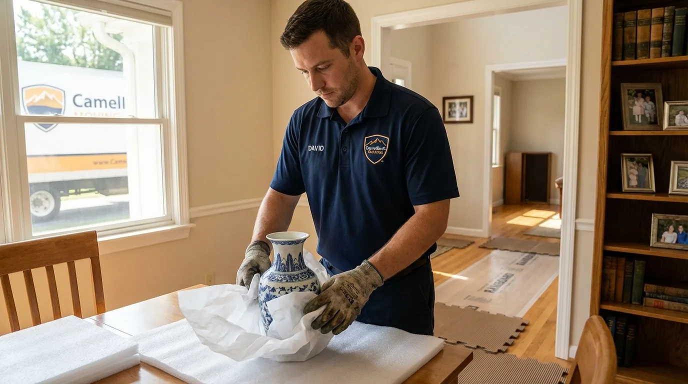 Professional crew carefully wrapping antique vase for senior downsizing move in Butler, PA
